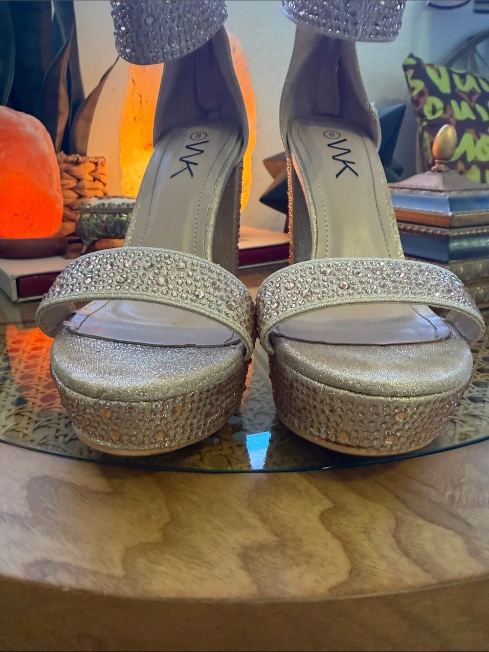 Wk Gold Glitter Platform Block Heel Sandals